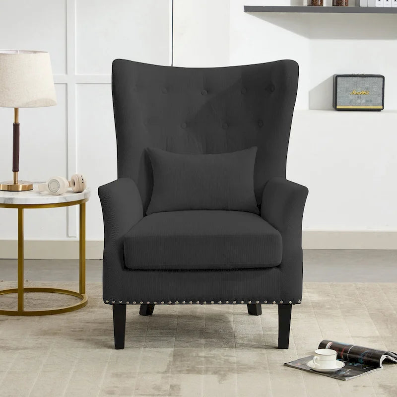 Classic Nailhead Trim Corduroy Wingback Armchair with a Lumbar Pillow and Rubberwood Legs