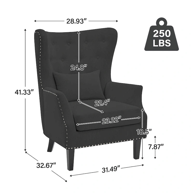 Classic Nailhead Trim Corduroy Wingback Armchair with a Lumbar Pillow and Rubberwood Legs