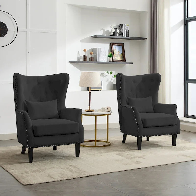 Classic Nailhead Trim Corduroy Wingback Armchair with a Lumbar Pillow and Rubberwood Legs