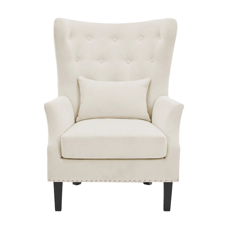 Classic Nailhead Trim Corduroy Wingback Armchair with a Lumbar Pillow and Rubberwood Legs