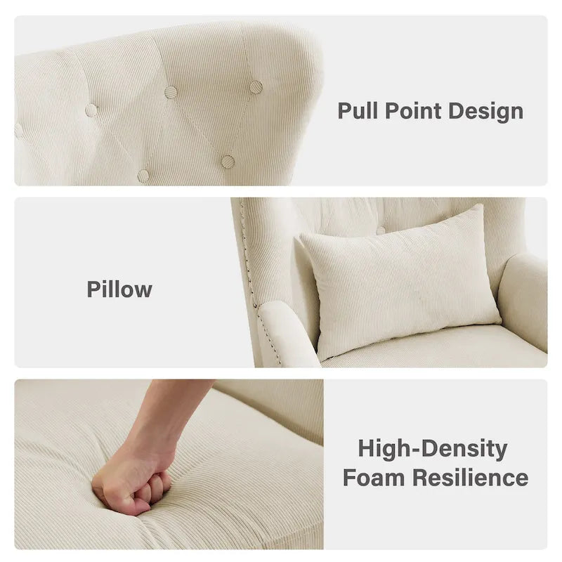 Classic Nailhead Trim Corduroy Wingback Armchair with a Lumbar Pillow and Rubberwood Legs