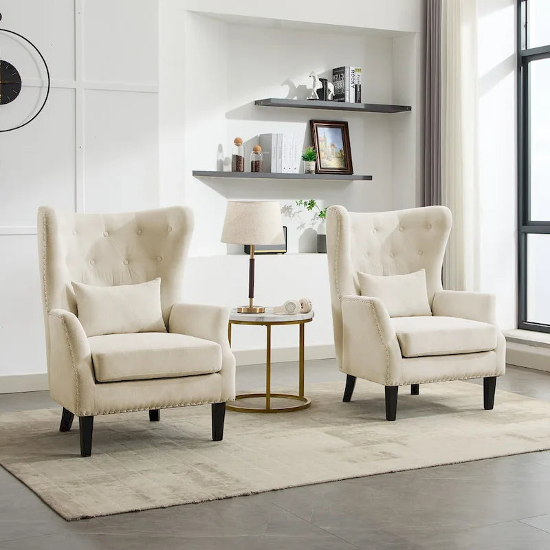 Classic Nailhead Trim Corduroy Wingback Armchair with a Lumbar Pillow and Rubberwood Legs