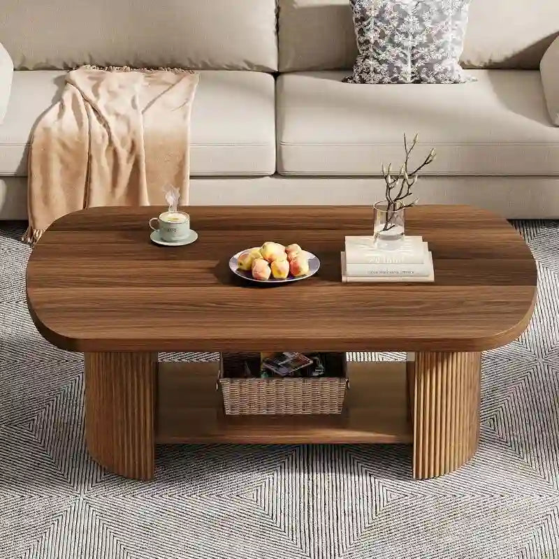 Oval Coffee Table with Storage Shelf 45.27"L x 23.62"W Walnut Wood Two-Tier Living Room Table Mid-Century Modern Fluted Design