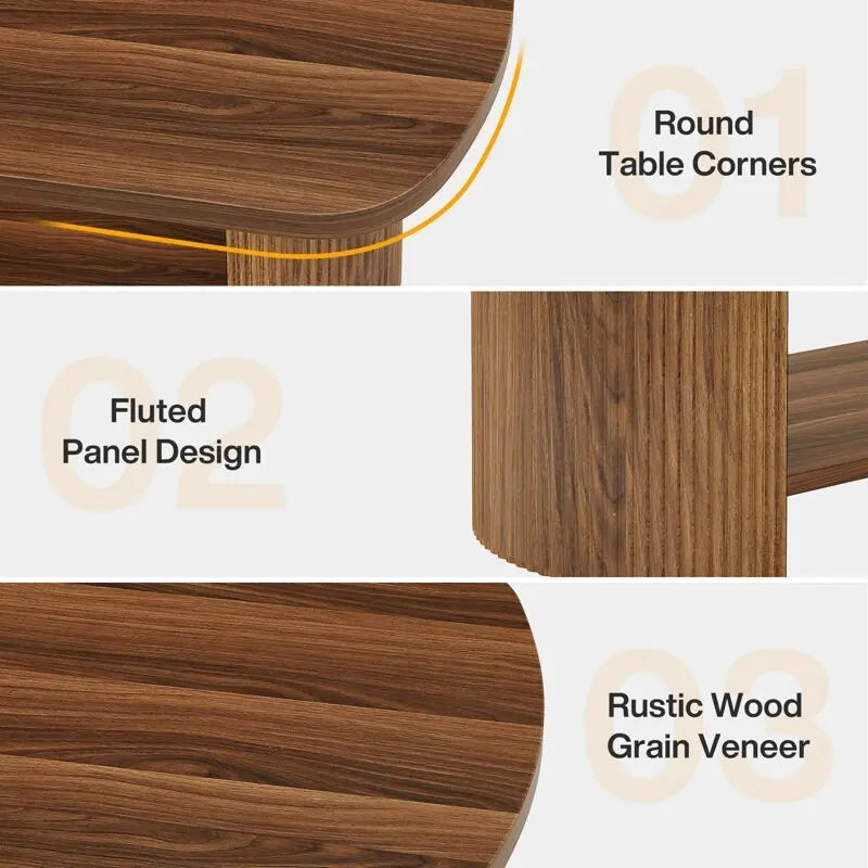 Oval Coffee Table with Storage Shelf 45.27"L x 23.62"W Walnut Wood Two-Tier Living Room Table Mid-Century Modern Fluted Design