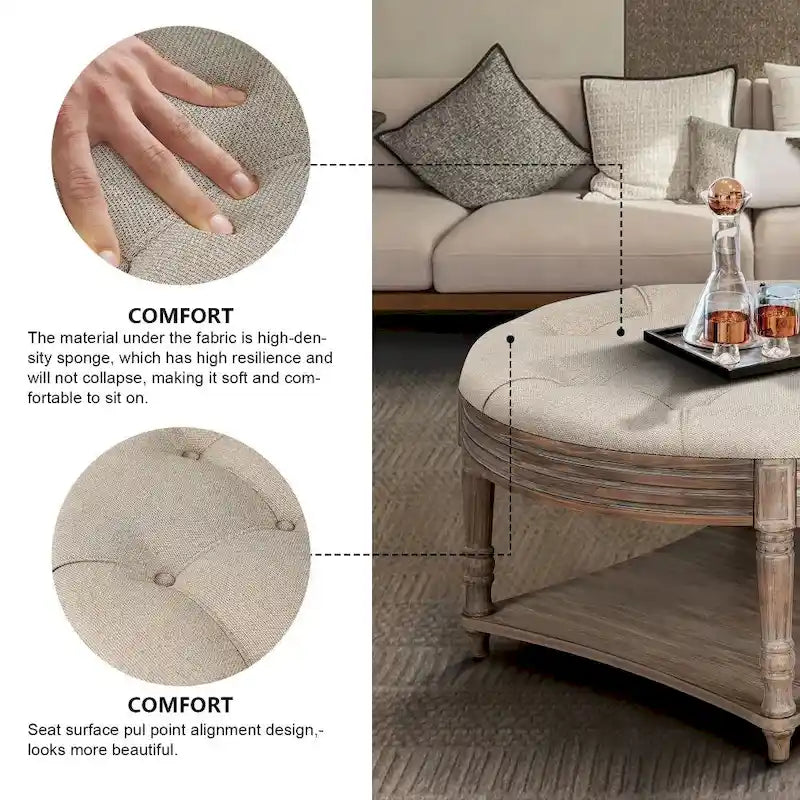 2 Tier Button Tufted Ottoman Round Coffee Table