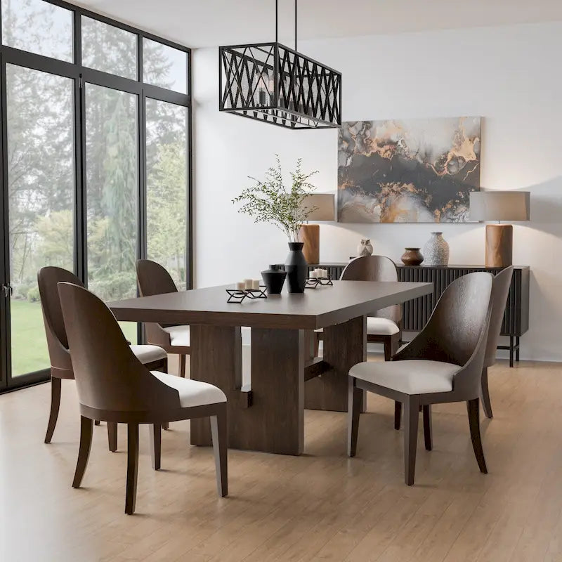 7-Piece Expandable Dining Table Set with Leaf - Solid Wood Trestle Base, 108" Long, Seats 8, Upholstered Chairs - Modern Transitional