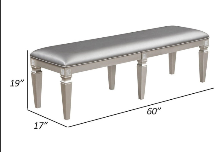 60 Inch Dining Bench Silver Gray Faux Leather Upholstered Metallic Taupe Wood Frame Contemporary Style